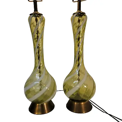 Vintage Pair Italian Murano Blown Glass Green Twist Swirl Tall Table Lamps MCM • $1080