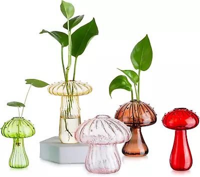 Mushroom Glass Planter Set Of 5 Colored Plant Propagation Station Mini Terrarium • $53.32