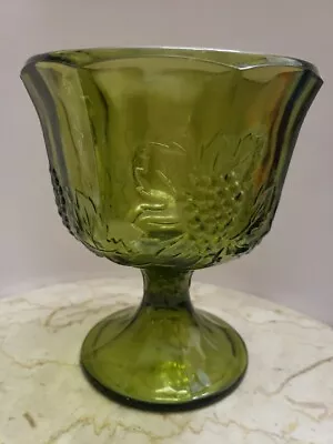 Vintage Indiana Colony Glass Compote In Harvest Green Pressed Grape Pattern • $22