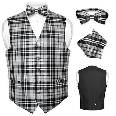 Men's Plaid Design Dress Vest BOWTie Black GRAY White BOW Tie Hanky Set Suit Tux • $24.95