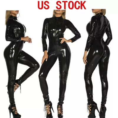 US Women Wet Look Latex Jumpsuit Zipper Front Bodysuit Full Body Leotard Catsuit • $24.73