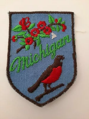 VTG Fabric Embroidered Souvenir Travel Patch Michigan W/ Robin Apple Blossoms • $7.95