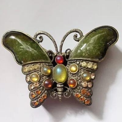 VTG Brass Butterfly Trinket Box Enamel Magnet Lid Rhinestone 3.75x2.5x1 Colorful • $24.95