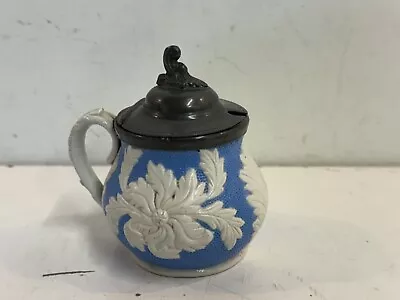 Vintage Blue Ceramic Mustard Pot With Floral Decorations • $35