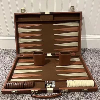 Vintage Backgammon Set Tan & Brown Case Includes Dice Cup & Checkers - No Brand • $12.99