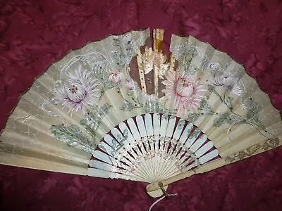 Antique 1880s Victorian Fan Hand Painted Silk Insert Folding Fan Costume • $44