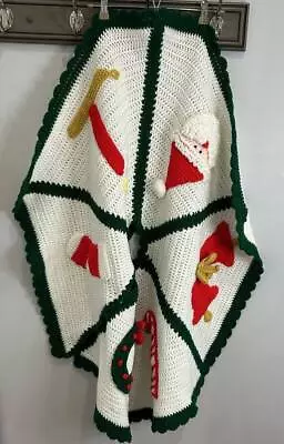 Vintage Hand Knit Crochet Christmas Tree Skirt Bells Bows Santa More • $14.72