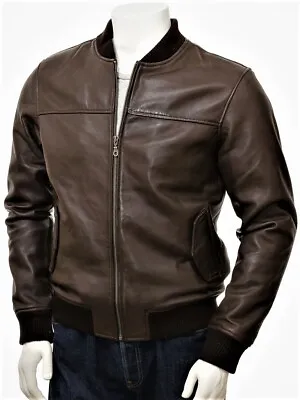 Mens  Bomber Leather Jacket Rib Collar Real Sheep Skin Leather • $109.14