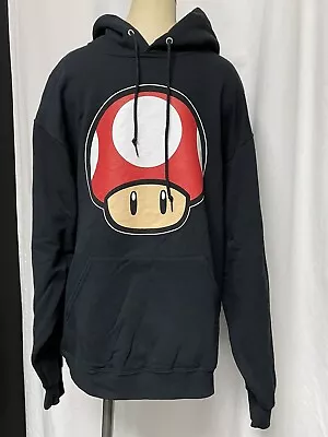 Super Mario Mens Large Black Red Mushroom Hooded Sweatshirt Fleece Jerzees Vintg • $6.95