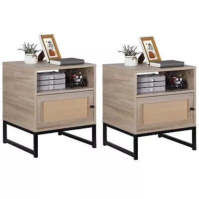 Rattan Nightstands Set Of 2 Accent End Table Wood Bediside Table With Metal Legs • $101.99