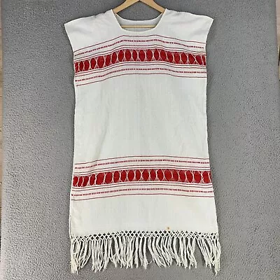 Vintage Mexican Dress Kaftan Patio Gauze Midi White Red Woven Boho Fiesta • $54.97