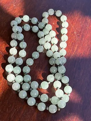 Vtg Silver Tone Chinese Natural Light Green Jade 8.35mm Beads Necklace 32” 62.7g • $29.90