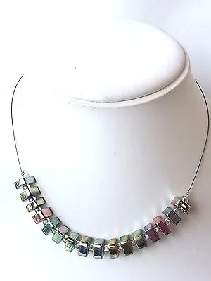 Vintage Rockabilly Boho Rainbow Iridescent Silver Tone Beaded Necklace 20cm Long • $14.12