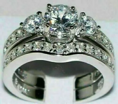 Simulated 3CT Round Cut Diamond Engagement Ring Wedding Set 14K White Gold Over • $135.80