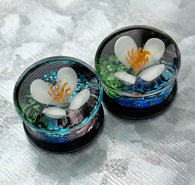 PAIR Floating White Flower Pyrex Glass Double Flare Plugs Gauges Body Jewelry • $18.95