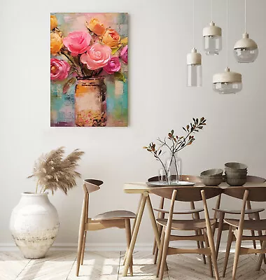 Colourful Flower Vase Wall Art Print Framed Canvas Picture Living Room Decor • £19.99