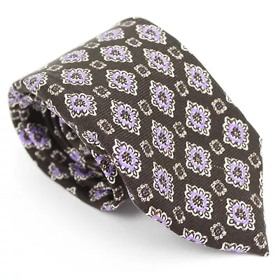 Isaia Napoli Brown/White/Purple Medallion Print 100% Silk 7-Fold Neck Tie Italy • $39.99