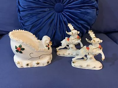 Vintage 1956 Napco Santa Sleigh Planter 2 Reindeer Figurines Japan Rare • $299.99