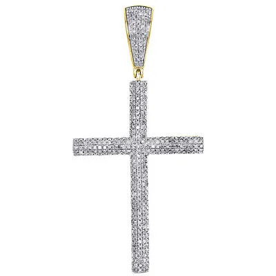 10K Yellow Gold Diamond Cross Pendant Tube Domed Mens Pave 2.10  Charm 0.89 Ct. • $825