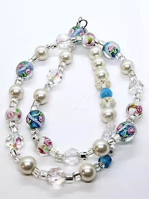 Beautiful Vtg Facet Glass And Faux Pearls With Porcelain Floral Accents Necklace • $35