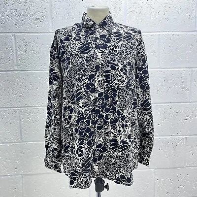 Le Shark Black Floral Shirt Vintage Cream Cotton Casual Long Sleeve Uk M • £14.49