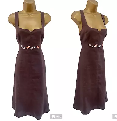 MEXX Linen Dress Size 14 Brown Beaded Fit Flare Sleeveless Lined • £12.99