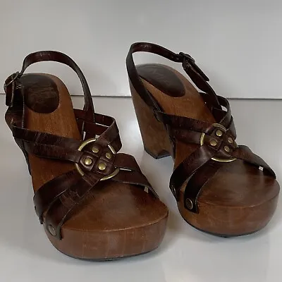 MIA Vintage Wooden Wedge Sandals Brown Leather Platform Heel Women’s Size US 8M • $34