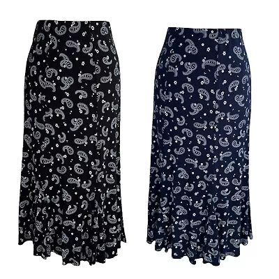 New Ladies Paisley Print Midi Calf Length Godet Skirt Flared Panel Stretchy UK • £10.99