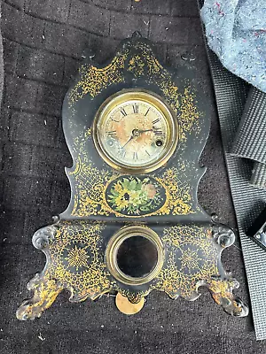 Old Antique  PAINTED IRON FRONT  Shelf Mantel Parlor Clock • $195