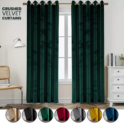 Blackout Crushed Velvet Curtains Eyelet Ring Top Ready Made Lined Pair Curtains • £33.57