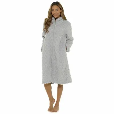 Ladies Fleece Diamond Zip Through Dressing Gown Housecoat Robe Grey Size 8-22 • £27.95