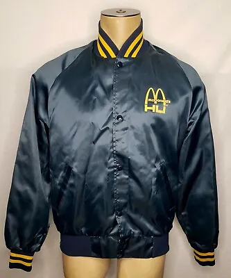 Vtg 80s 90s McDonald's Hamburger University Blue Satin Snap-button Jacket Medium • $149.95