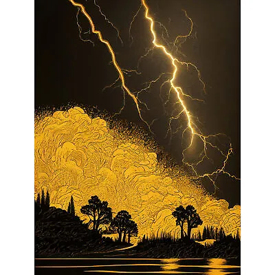 Gold Black Thunder Storm Lightning Lakeside XL Wall Art Canvas Poster Print Huge • £19.99