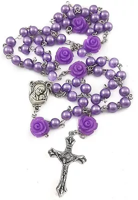 Purple Pearl Beads Rosary Necklace Beaded  Medal & Cross • $12.38