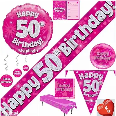 Pink Age 50th & Happy Birthday Party Decorations Buntings Banners Balloon Silver • £3.99