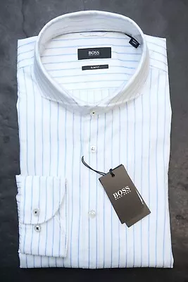 Hugo Boss Mens Jemerson Slim Fit Soft Line Blue Striped Cotton Dress Shirt 41 16 • $64.79
