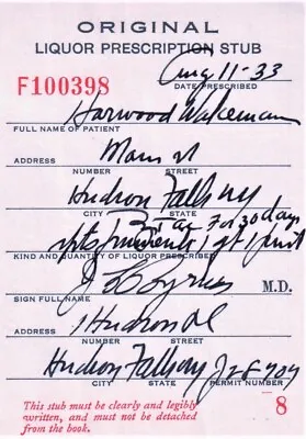 Old 8/11/33 Prohibition Whiskey Prescription Doctor Stub Pharmacy Bar NY Wakeman • $20