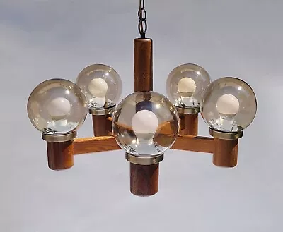 Mid Century Modern Wood 5-Light Smoke Globe Chandelier • $499