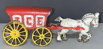 Cast Iron Metal Toy Horse Drawn ICE Cart Carriage Wagon White Horse Vintage • $11.90