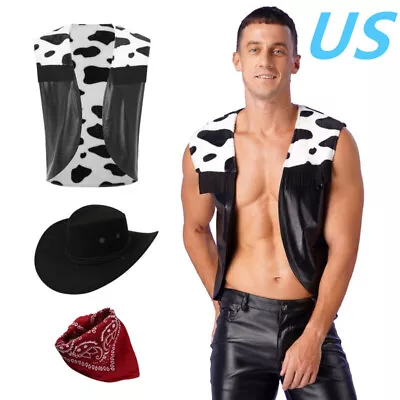 US Mens 3pcs Western Cowboy Costume Cow Print Vest With Printed Bandanna And Hat • $19.26