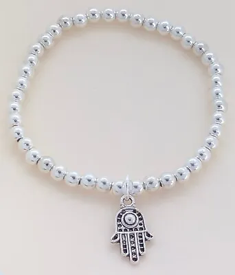 Silver Plated 5mm Bead Stacking Bracelet - Hand Of Fatima Protection Charm • £3.99
