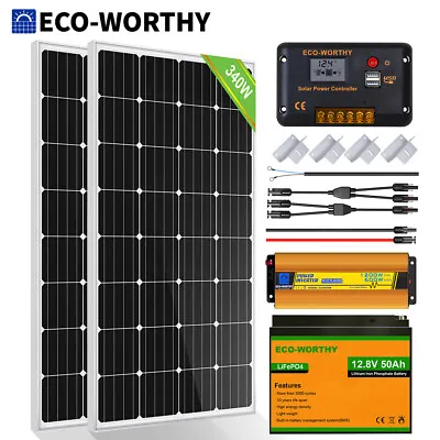 £369.99 • Buy 340W 300W Off Grid Solar Panel Kit 12V 50AH Lithium Battery Motorhome Shed Home