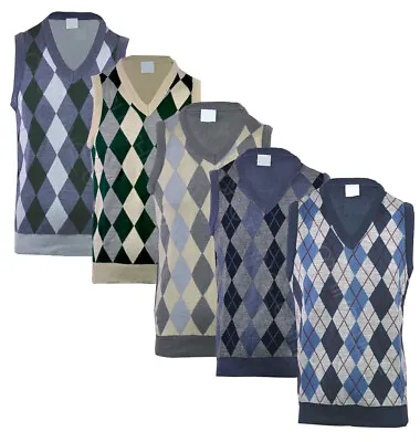 Mens Argyle V Neck Sleeveless Sweater Jumper Tank Top Jersey Golf Casual S-2XL • £10.99