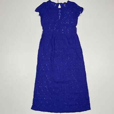 Miss Selfridge Dress 8 Blue Floral Lace Mesh Short Sleeve Round Neck Midi • £7.09