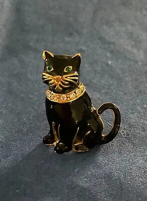$7 • Buy Vintage Monet Black Enamel & Gold Cat Pin With Green Eyes & Clear Rhinestones