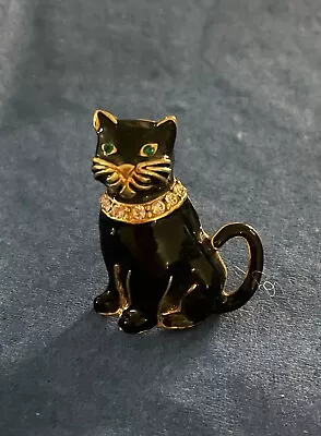 $7 • Buy Vintage Monet Black Enamel & Gold Cat Pin With Green Eyes & Clear Rhinestones