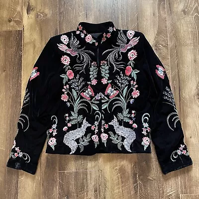 Zara Embroidered Velvet Jacket Womens Small Black Floral Bird Foxes Butterflies • $150