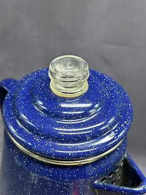 Vintage Large Blue Speckled Enamelware Camping Coffee Pot Percolator Glass • $22