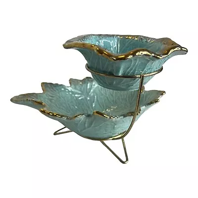 California Pottery Chip Dip Set & Stand Aqua/Blue/Teal/Turquoise Maple Leaf MCM • $32.99