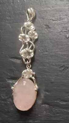 Rose Quartz Peace Lily Pendant Sterling Silver 2 3/4 Inches Long Vintage Pendant • $28